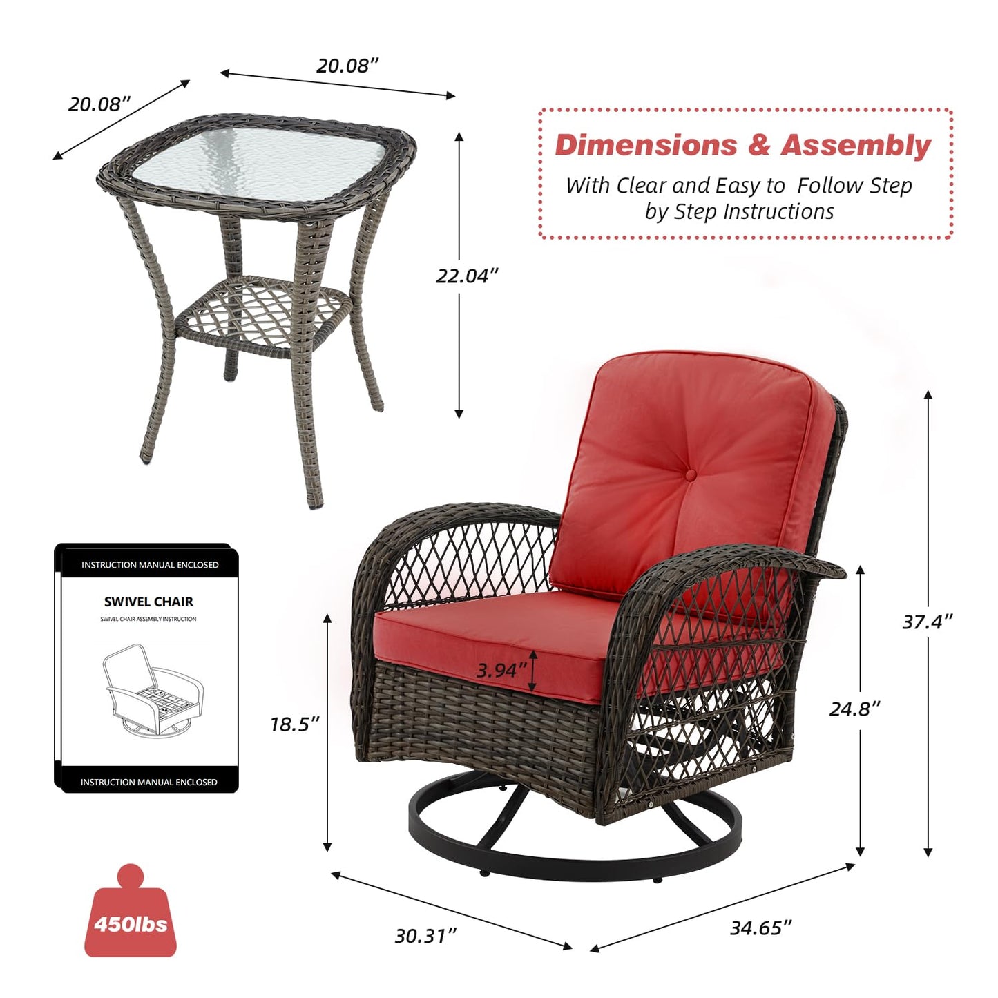MELLCOM 3 Pieces Patio Furniture Set, Outdoor Swivel Rocker Patio Chairs, Wicker Patio Bistro Set with Rocking Chair, Thickened Cushions and Glass Coffee Table for Backyard, Garden, Wine Red
