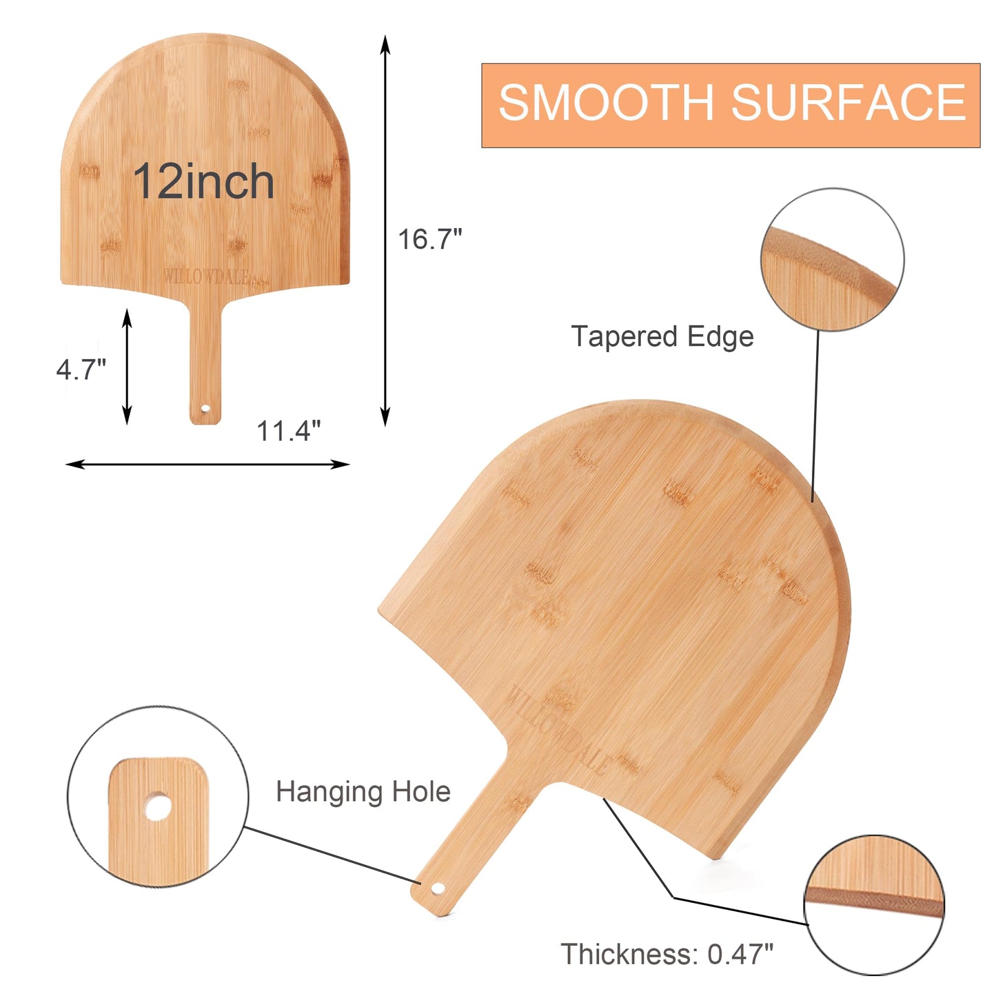 WILLOWDALE 12 Inch Wood Pizza Peel, 2pcs Kitchen Bamboo Pizza Paddle Spatula, Large Pizza Oven Accessories for Baking with Handle, Wooden Cutting Serving Board for Cheese Bread Pie Fruit Vegetable
