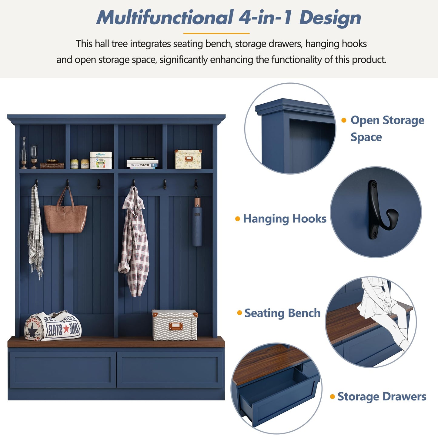 Merax Wood Hall Tree with 6 Hooks & Entryway Bench, Farmhouse Mudroom Versatile Coat Racks with 2 Large Drawers, Entrance Organizer for Hallway, Blue