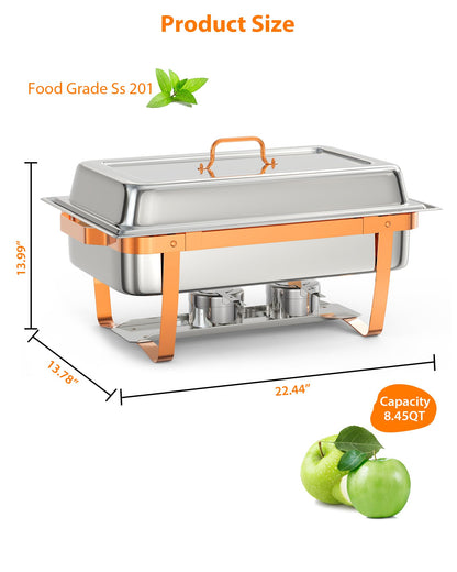GarveeHome Chafing Dish Buffet Set, 8QT 2 Pack, Rectangle Chafing Dishes for Buffet w/Lid Holder, Stainless Steel Chafer Food Warmers Servers for Kitchen Party Banquet Dining, Rose Gold