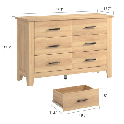 Garvee 6 Drawer Dresser for Bedroom, 47" Wide Natural Oak Chest of Drawers with Large Capacity Drawers & Sturdy Thickened Legs, Wooden Storage Organizer Closet for Living Room, Entryway, Natural