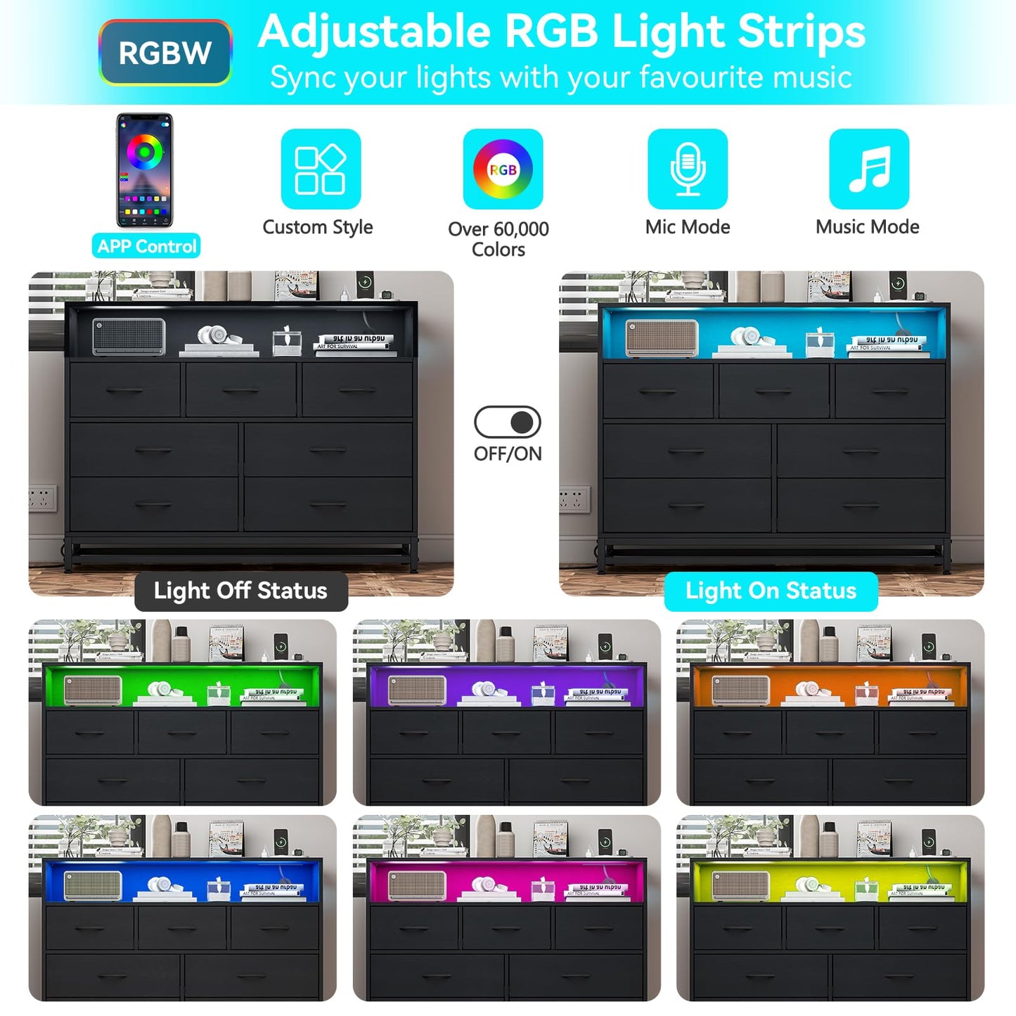 IDEALHOUSE Black 7-Drawer Dresser for Bedroom – Modern Long Dresser with Charging Station & LED Lights, Wooden Large Capacity Storage Chest, Wide Dresser for Living Room & Hallway