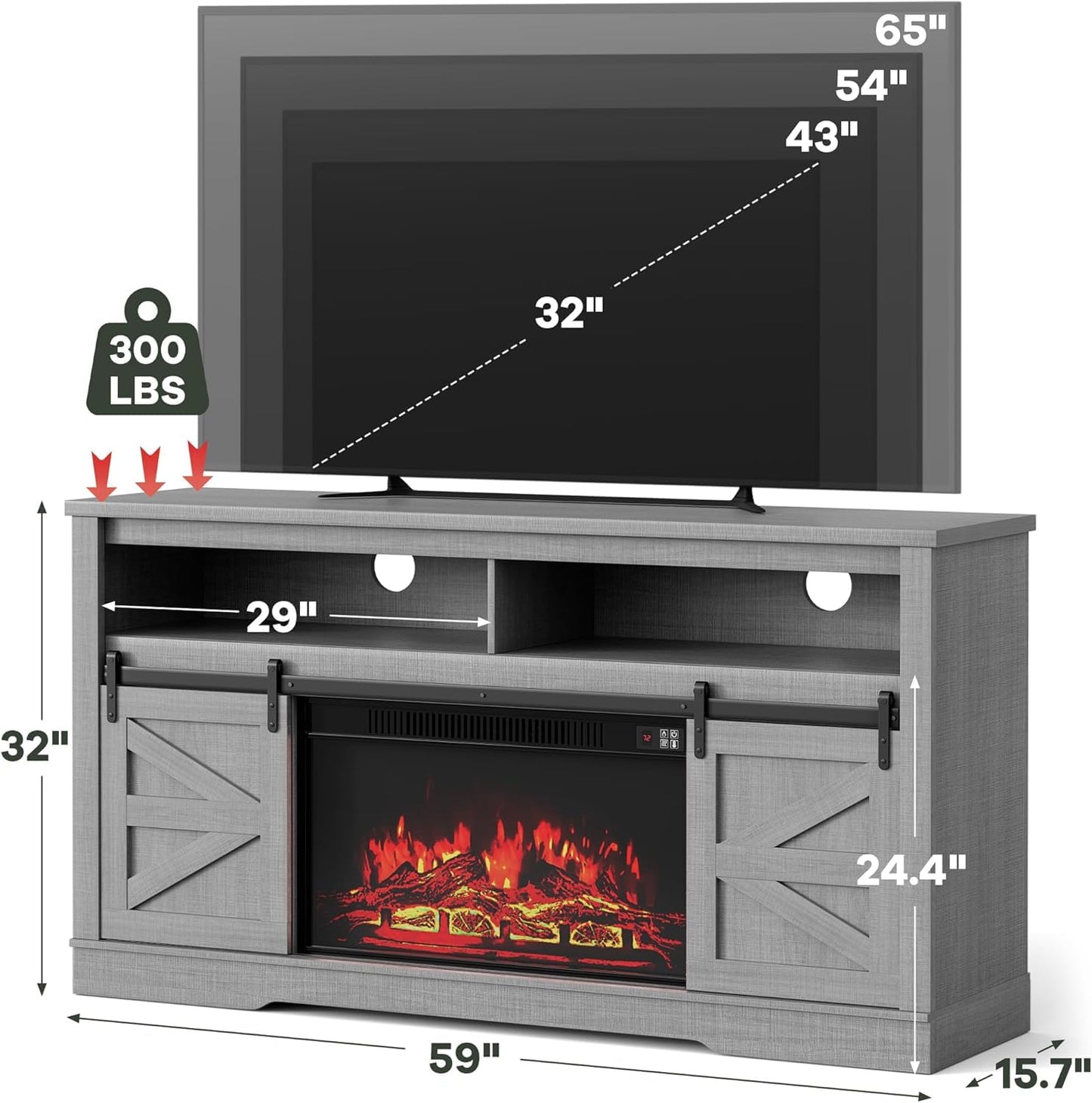 YESHOMY Fireplace TV Stand for Television up to 65+ Inch with Storage and Farmhouse Sliding Barn Doors, Entertainment Center with Cabinet and Shelves, Media Console for Living Room,Gray