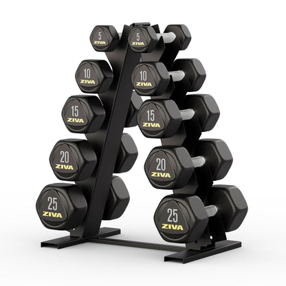 ZIVA 150 lb Hexagon Dumbbell Set with Rack - 5lb-25lb PPU Coated Dumbbell Pairs, Scratch-Proof Handles, UV & Corrosion-Resistant, Steel Weight Rack, Space-Saving Design for Home Gym
