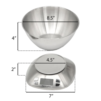 Stainless Steel Digital Kitchen Scale w. Bowl - for Food Coffee Lab - LCD Display gram Ounces lb:oz lb ml - 12 LBS/5.5 KG Capacity - Battery Included - Silver by The Display Guys