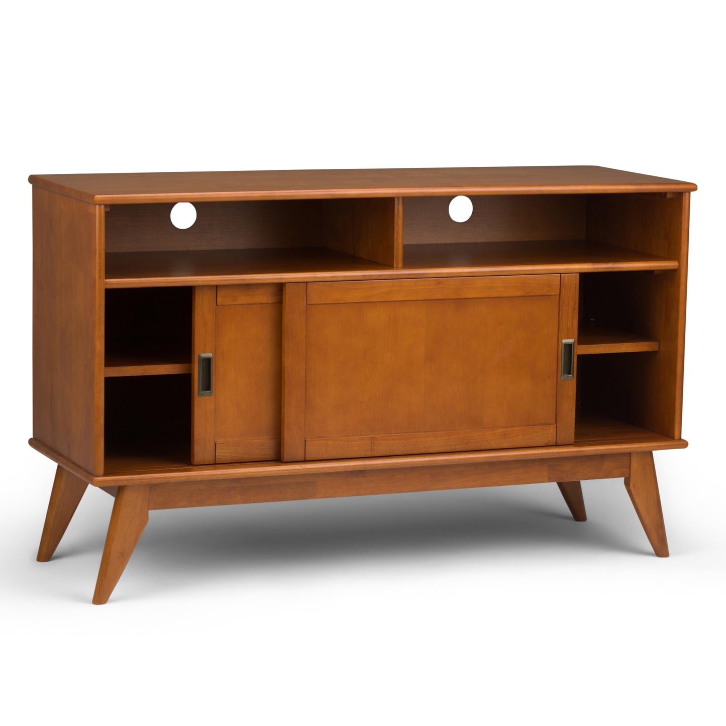 SIMPLIHOME Draper TV Stand - 54 inch Wide Solid Wood Tall Media Console in Teak Brown, Mid Century Modern Entertainment Center for Living Room for TVs up to 60 Inches with Shelves and Cable Management