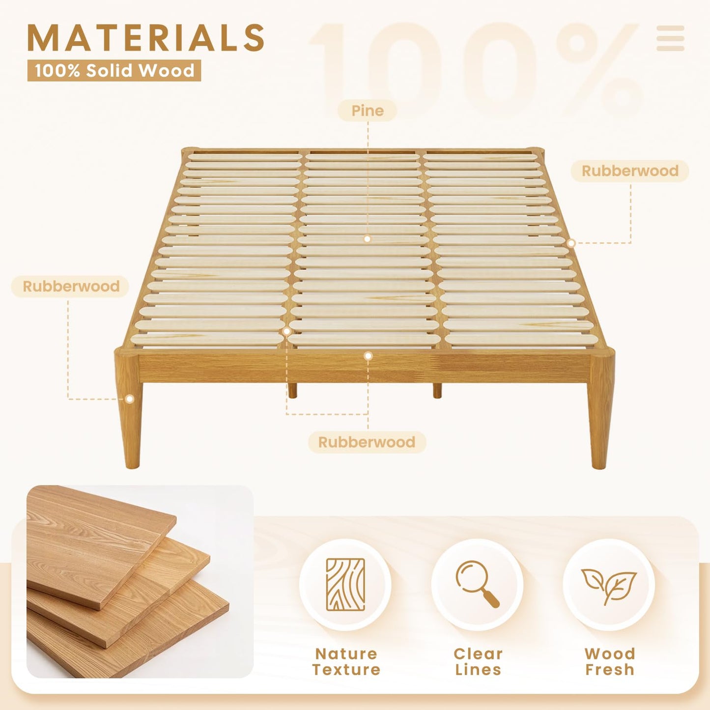 IOTXY Queen Platform Bed Frame - Solid Wood 16-Inch Height Mattress Foundation Base with Densely Slats and Heavy-Duty Support Legs, No Box Spring Needed, Oak