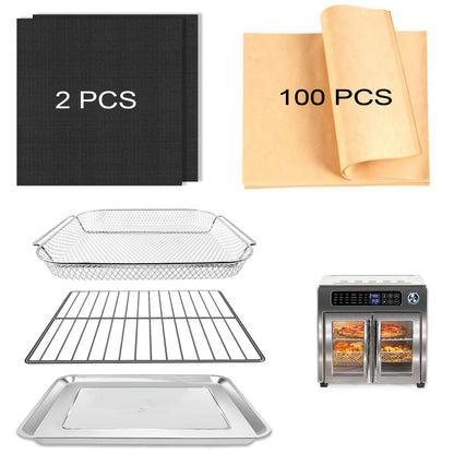 5-Piece Air Fryer Accessories Set for Emeril Lagasse 26QT, Includes Baking Pan, Air Fryer Basket, Rack, 2 Non-Stick Mats & 100 Parchment Papers, Stainless Steel Bakeware Set