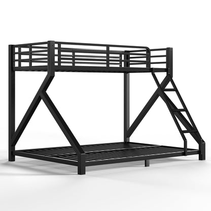 Bellemave Twin XL Over Queen Bunk Bed Frame with Noise Reduced Design, Low Profile Bunk Bed with Ladder and Fence, Heavy Buty Bunk Beds for Adults, Teens
