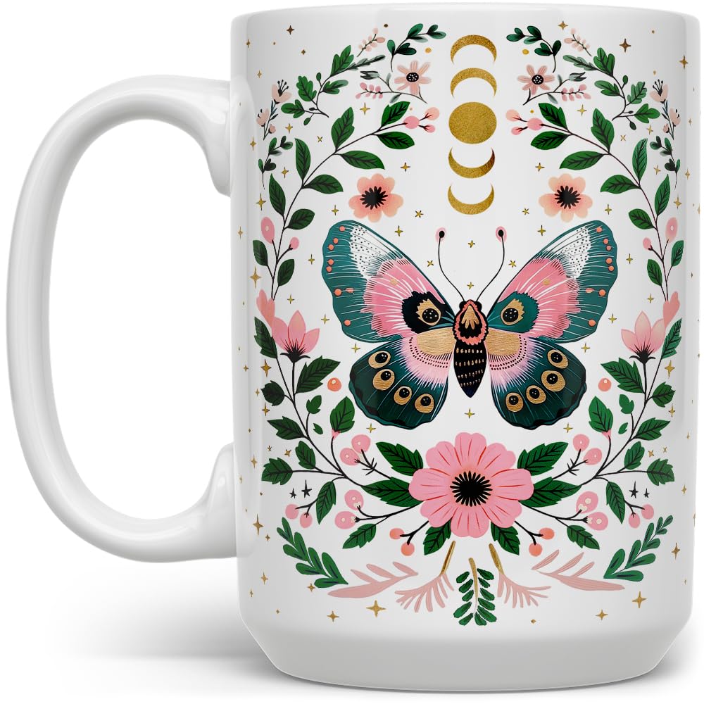 Mystical Butterfly Coffee Mug, Floral Celestial Nature Botanical Moon Stars Gift Cup for Mom Friend