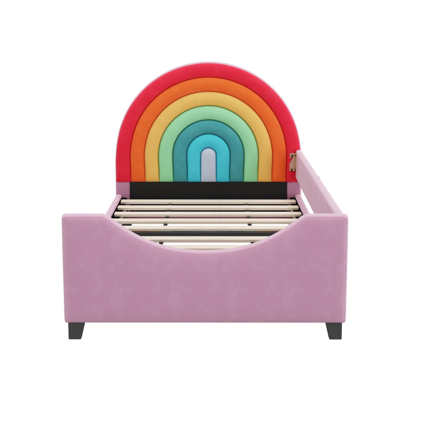 Merax Rainbow Design Velvet Upholstered Twin Daybed for Children's Room, Bedroom, Cute Style Metal Bed Frame with Solid Slats Support for Girls, Boys, Teens, No Box Spring Needed, Pink