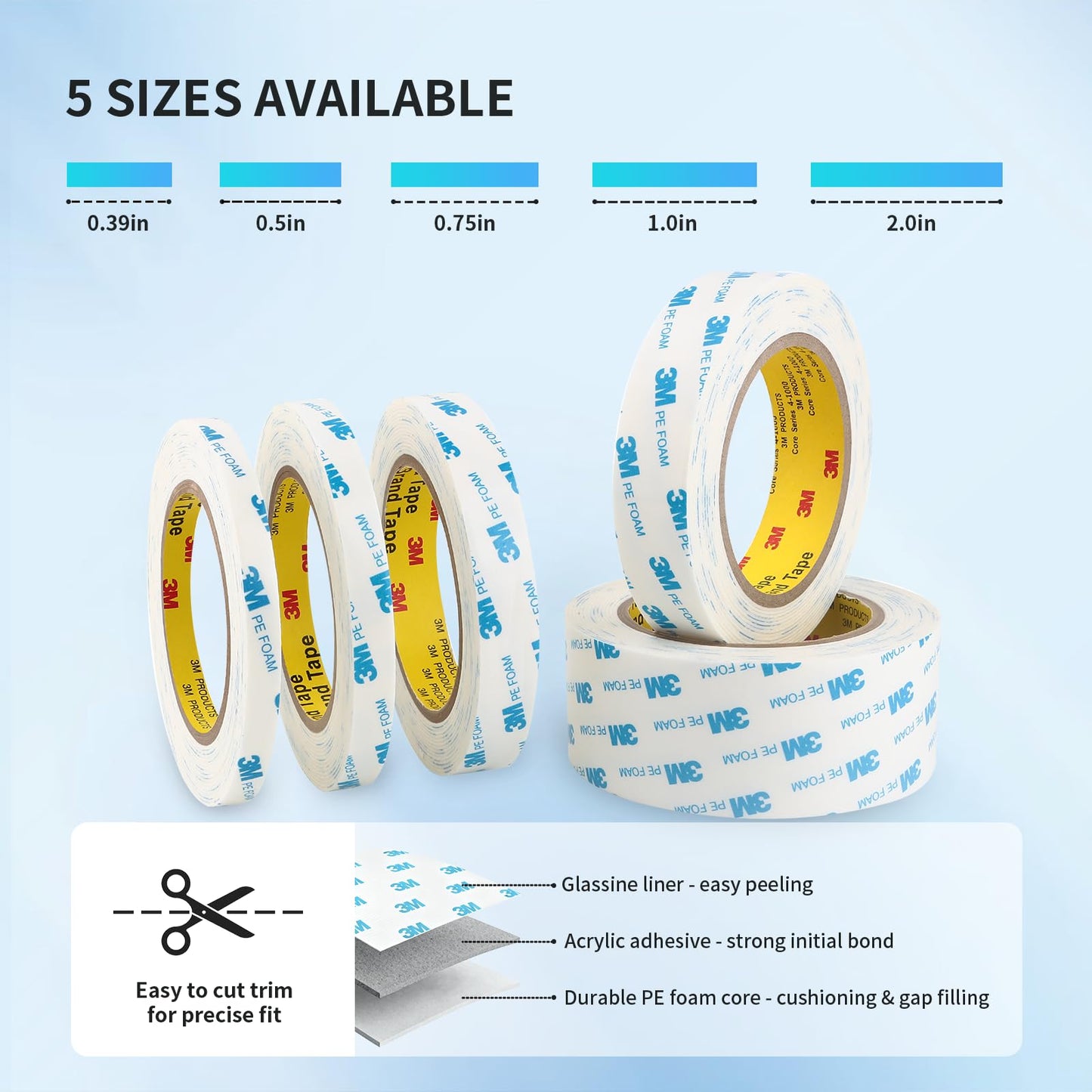Rvhouse 3M 1600T Double Sided Tape, PE Foam Tape 2" x 18 Ft White Removable Strong Adhesive No Residue for RV Picture Hanging, Posters Frames Wall Decor Indoor & Outdoor Use(2 Pack)