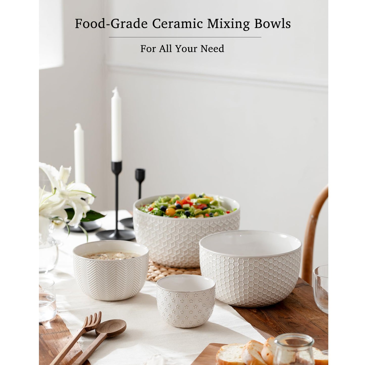 MIKIGEY Ceramic Mixing Bowls, Embossed Nesting Bowls Set of 4, Mixing Bowl Set for Serving, Baking, Cooking and Gift, Microwave and Dishwasher Safe, 20/47/99/148 oz, Off-White