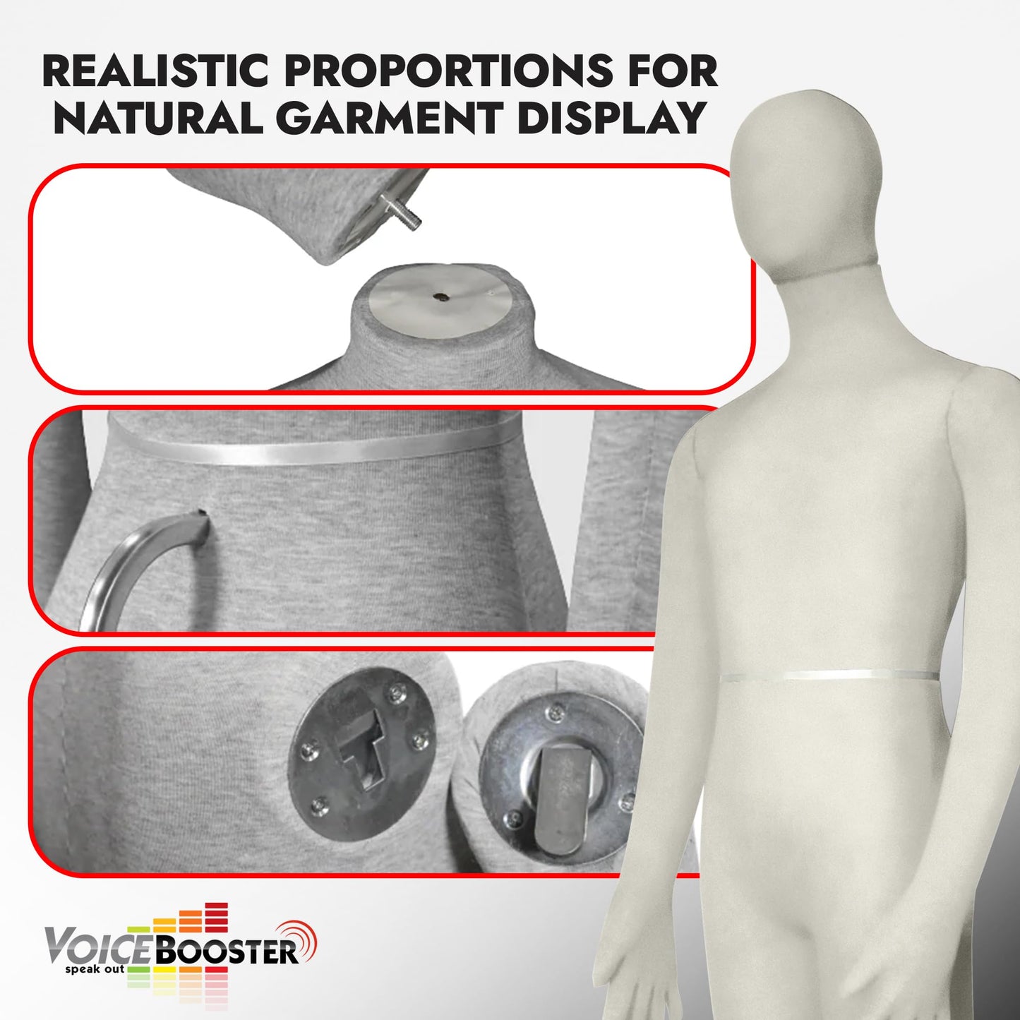 Full Body Male Mannequin by Voicebooster Speak Out - Flexible, Bendable, Poseable Standing Model with Adjustable Arms - Soft Foam Dress Form for Costumes, Clothing Display, Sewing - Beige/White
