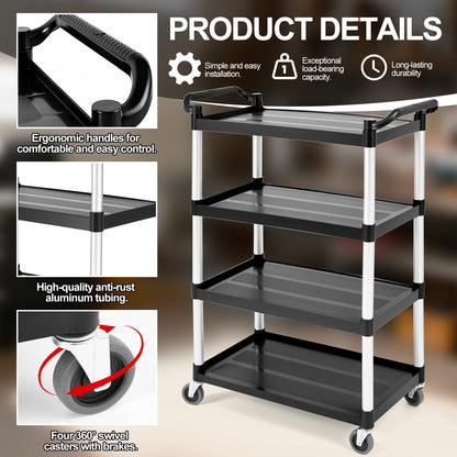 BBTO Heavy Duty 4 Shelf Utility Cart 4 Shelf Rolling Service/Utility/Push Cart with Deep Shelves and Casters, 300 Lbs, Large Capacity, for Food Service, Restaurant, Cleaning(Black)