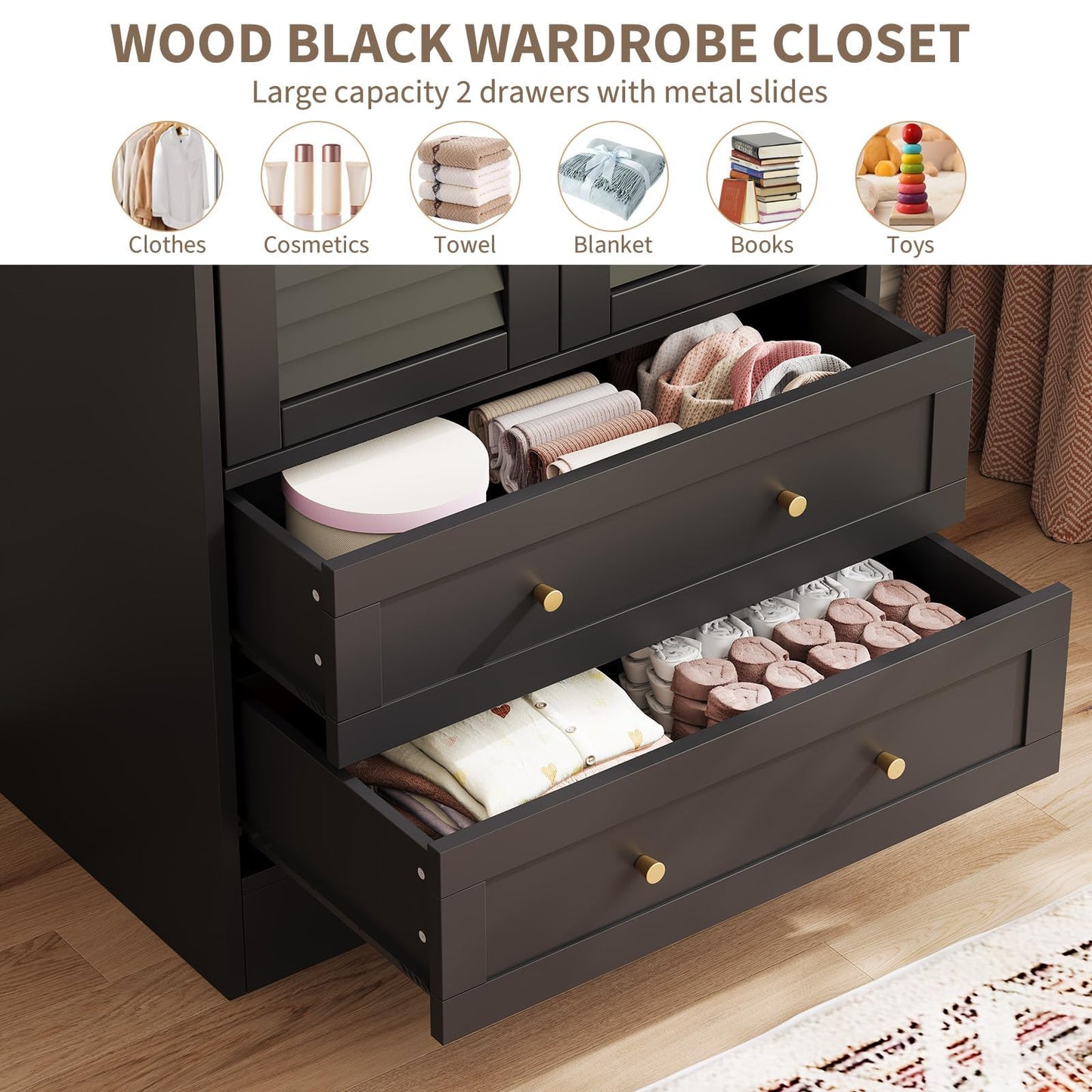 Garvee 65" Louvered Armoire Wardrobe Closet with 2 Doors and 2 Drawers, Large Capacity Storage, Wooden Wardrobe Cabinet with Hanging Rod for Bedroom, Cloak Room, Laundry Room, Entrance Hall, Black