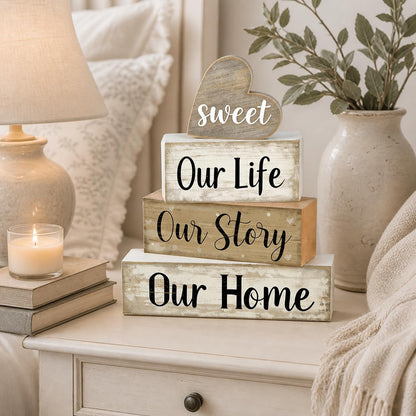 4 Pcs Farmhouse Table Decor, Wooden Heart Tiered Tray Decorations with Sweet Home Sign, Rustic Our Life Our Story Our Home Decor for Table, Kitchen, Office, Mantel, Shelf, Housewarming Gift