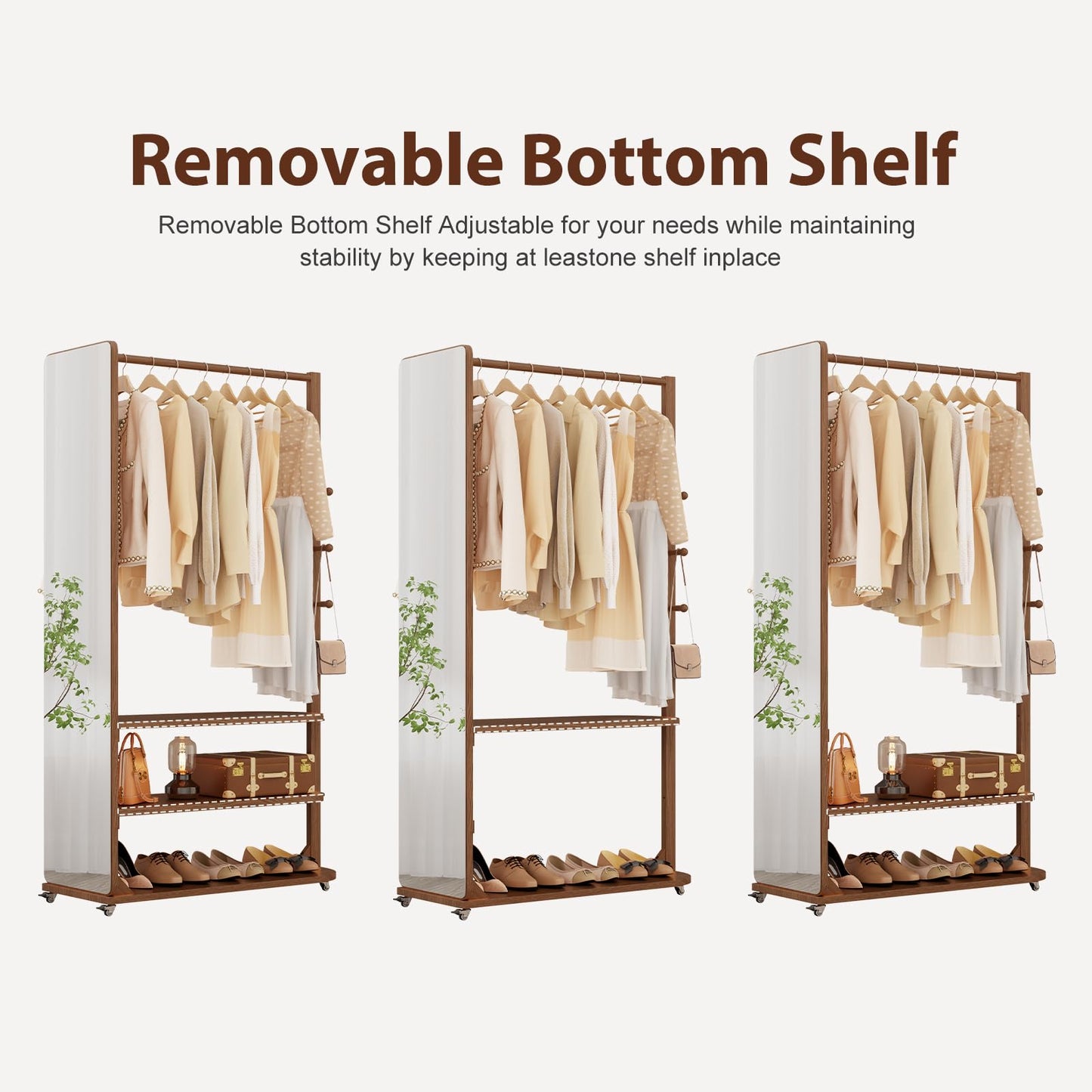DONGMUWUJEE Solid Wood Full Length Mirror Clothes Rack,70" x 40" x 16" Oversize Standing Mirror Full Length with Brake Wheels, Floor Mirror for Living Room, Entryway, Bedroom (Walnut)