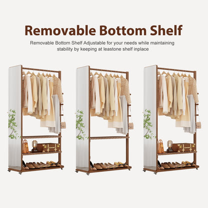 DONGMUWUJEE Solid Wood Full Length Mirror Clothes Rack,70" x 40" x 16" Oversize Standing Mirror Full Length with Brake Wheels, Floor Mirror for Living Room, Entryway, Bedroom (Walnut)