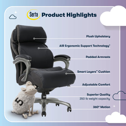 Serta Jackson Big and Tall Executive Home Office Chair with Smart Layers Technology, Wide Seat Cushion, Modern Comfy DeskChairs with Rolling Swivel Wheels, Bonded Leather, Black