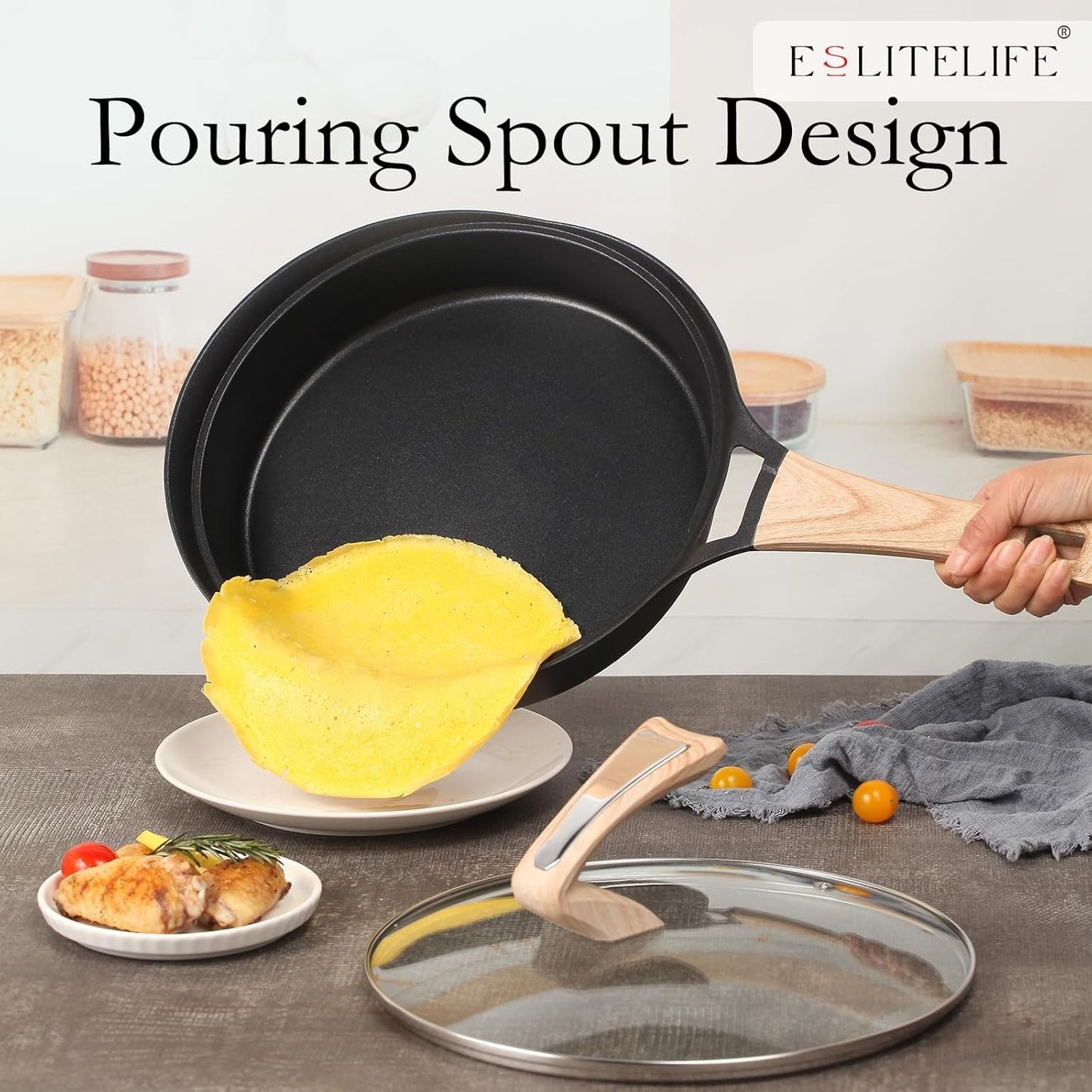 ESLITE LIFE Nonstick Deep Frying Pan Skillet with Lid, 9.5 Inch Healthy Granite Coating (Black)