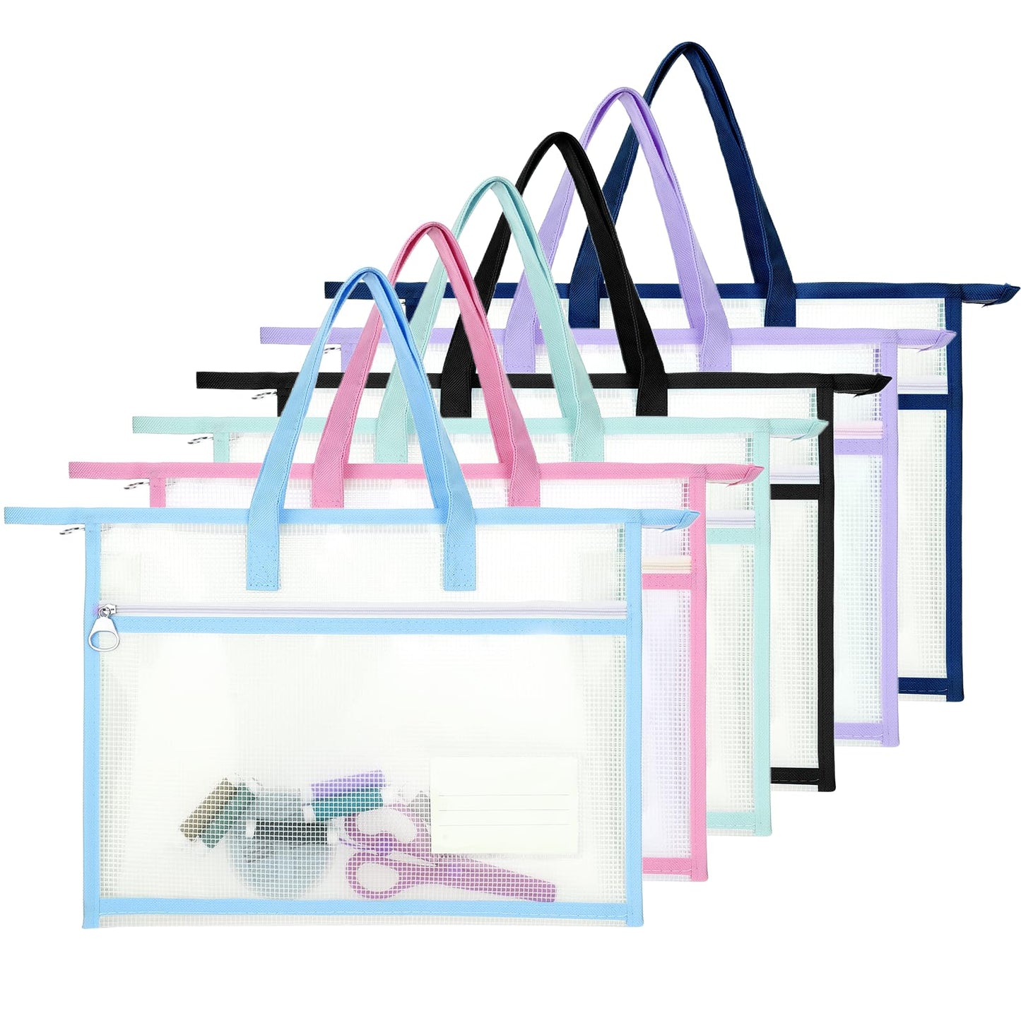 6Pcs Project Bags for Quilting, 13x10" Sewing Bag for Arts and Crafts Organizer Storage, Needlepoint Bag, Large Clear Mesh Design Zipper Folder with Handle for Craft Art Supply Sewing Pattern Storage