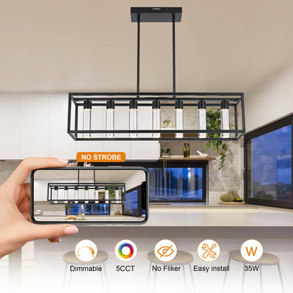 VINLUZ LED 7 Light Contemporary Dining Room Chandelier,Farmhouse Hanging Ceiling Kitchen Island Lighting in Matte Black Finish Rectangle Modern Pendant Light Adjustable Height