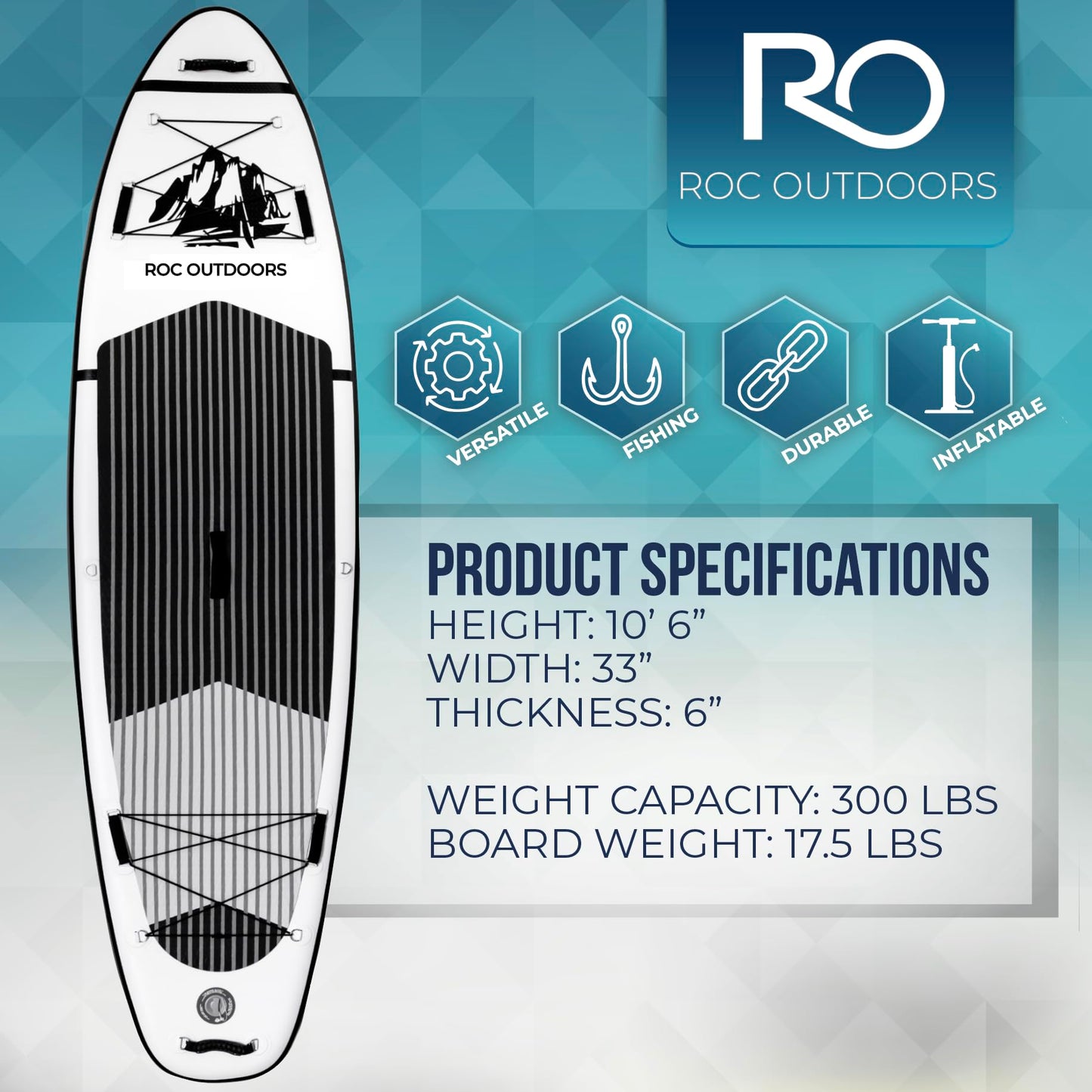 Roc Inflatable Stand Up Paddle Board 10' 6" with Premium SUP Paddle Board Accessories, Wide Stable Design, Non-Slip Comfort Deck for Youth & Adults (Black & White/Kayak Seat)