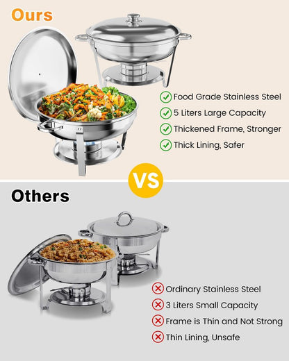 Chafing Dish Buffet Set 2 Pack, 5 QT Round Stainless Steel Chafer and Food Warmers with Food & Water Pan, Lid, Frame, Fuel Holder for Catering, Parties, Events, Wedding, Camping, Dinner