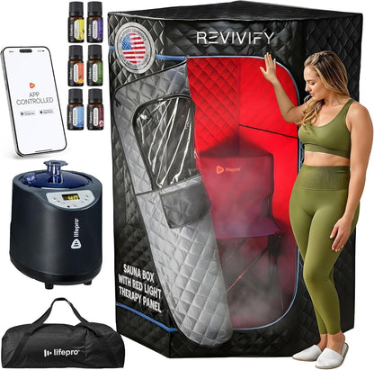 LifePro Revivify Deluxe Portable Sauna for Home with Red Light Therapy — Easy-to-Use Portable Infrared Sauna for Home — 2.6L Steamer & 6 Essential Oils