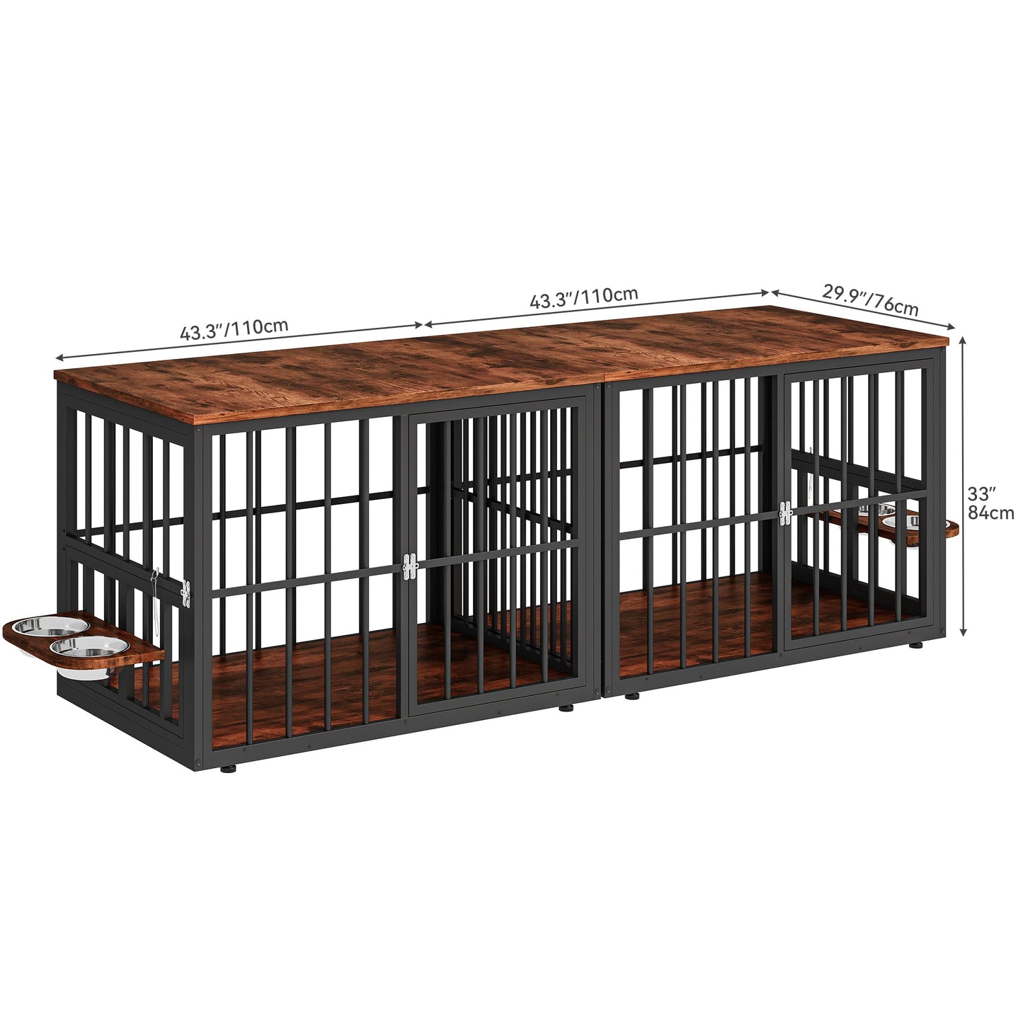 88.6" Large Dog Crate Furniture, Wooden Dog Kennel with Bowls & 3 Doors, Double Crate Furniture TV Stand for Medium Large Dogs, Brown