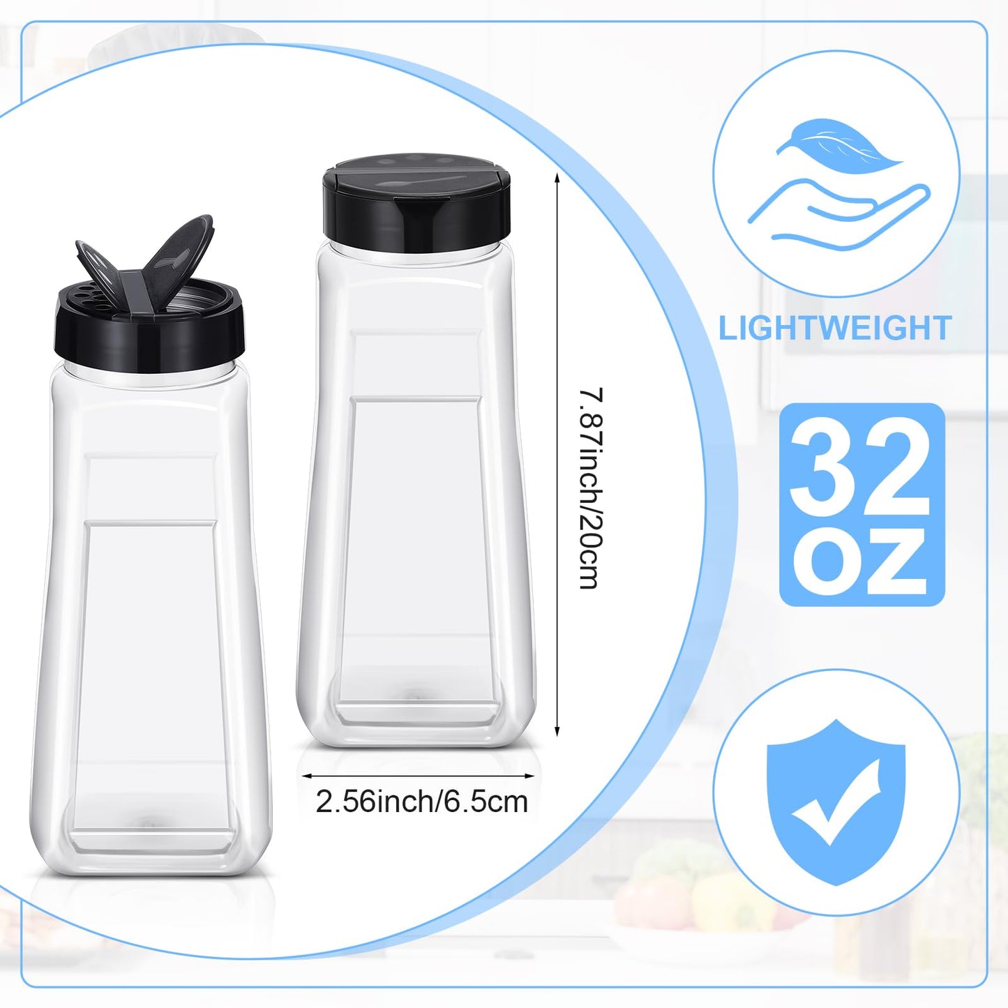 Zhehao 16 Pack 32 oz Plastic Spice Jars with Black Cap Plastic Bottle Containers with Shaker Lids Large Reusable Seasoning Shaker Empty Powder Storage Container for Storing Salt Herbs Cabinet Kitchen
