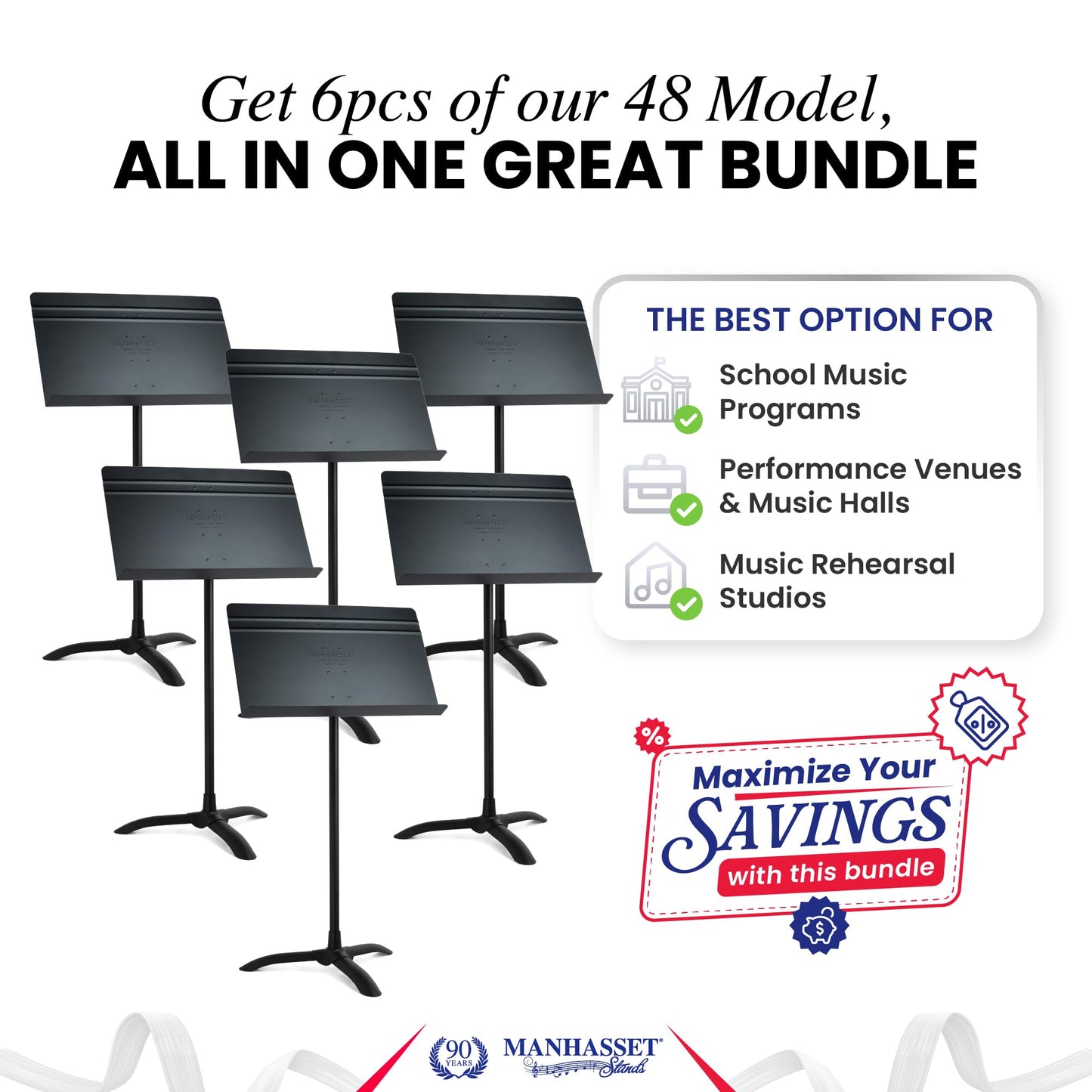 Manhasset Music Stand For Sheet Music - Bulk Pack of 6 Stands - 48 Symphony Model - Long Lasting, Durable Manhasset Stand - Adjustable Height - 20" by 12" - Made in the USA