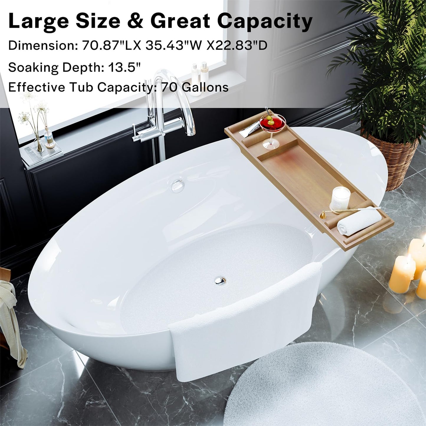 Empava Freestanding Bathtub, 71" Soaking Tub with Center Drain & Overflow – Acrylic Tub, Non-Slip Flat Bottom, Glossy White, cUPC Certified