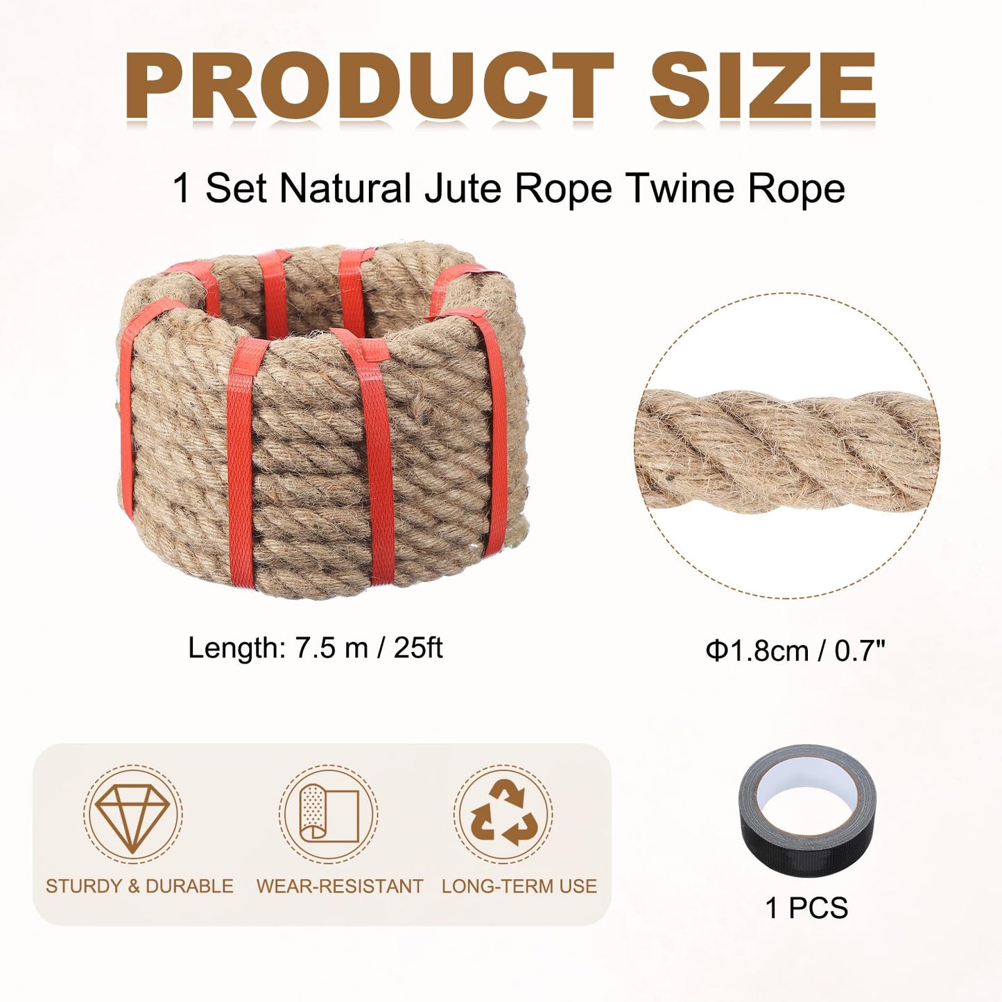 MECCANIXITY Jute Rope 0.7 Inch x 85ft, Thick Twine Rope Ropes Braided Jute Twine Natural Brown Burlap Cord String Heavy Twisted with Tape for Decorative Crafts Railing Swing Tug of War