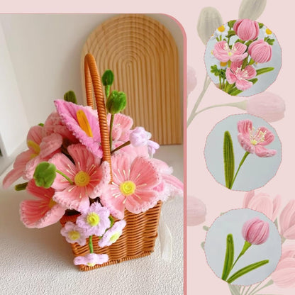 500 Pcs Pipe Cleaners Craft，Pipe Cleaner Bulk Flower Kit，6 Colors Chenille Stems Flower Kit for DIY Handmade Whit Ribbons，Stems,Tape，Stamens, Glue Sticks，Gift for Art Project Activity (Pink)
