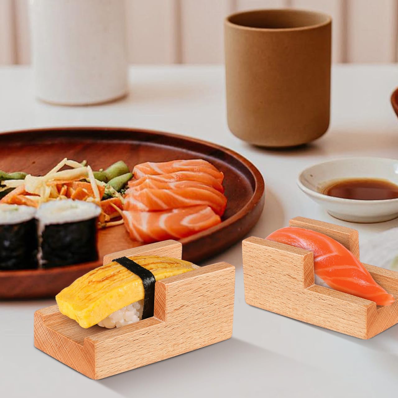 Small Wooden Sushi Hand Roll Holder, U-Shaped Mini Taco Stand for Countertop, Traditional Japanese Temaki Display Rack, Compact Wood Serving Plate for Home Restaurant Party