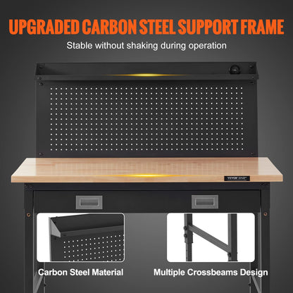 VEVOR Workbench Adjustable Height 28-39.5'' Work Bench for Garage Oak Plank & Carbon Steel Heavy Duty Workbench 2000lbs Weight Capacity top Size 48x24 Hardwood Workbench 3m Cable 30 Hooks, Black