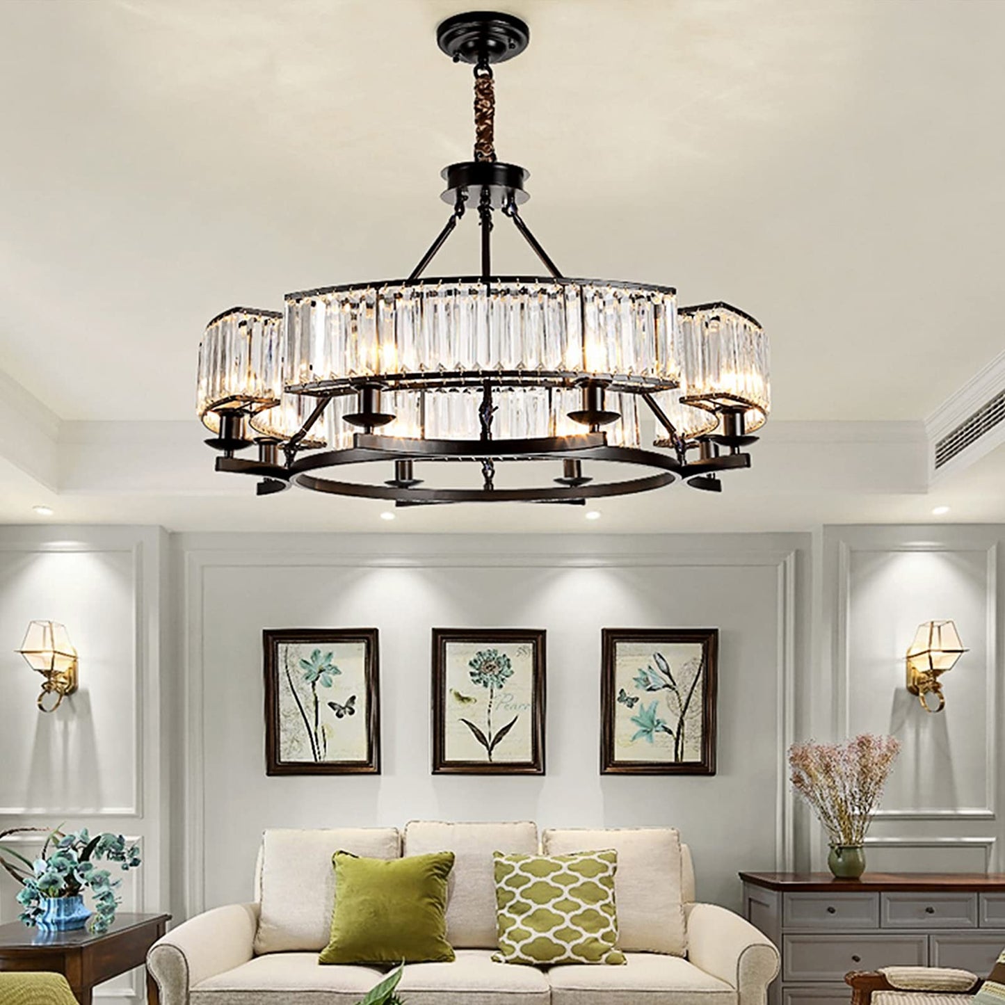 yomay Farmhouse Crytal Chandeliers Dining Room Pendant Light Fixture Black Chandelier with K9 Crystal for Living Room Dining Room Foyer High Ceiling