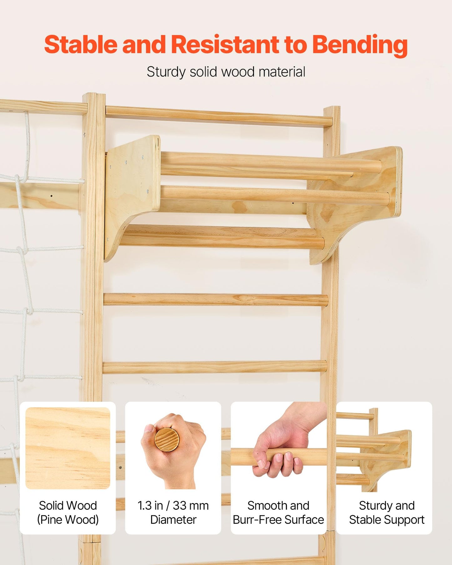 VEVOR Swedish Ladder Wall Gym, 8-in-1 12-Level Solid Wood Gymnastic Stall Bars for Kids Adults, 220LBS Indoor Jungle Gym Playset with Climbing Board, Gym Rings, Pull-Up Bar, Wall Ladder, Slide, Swing