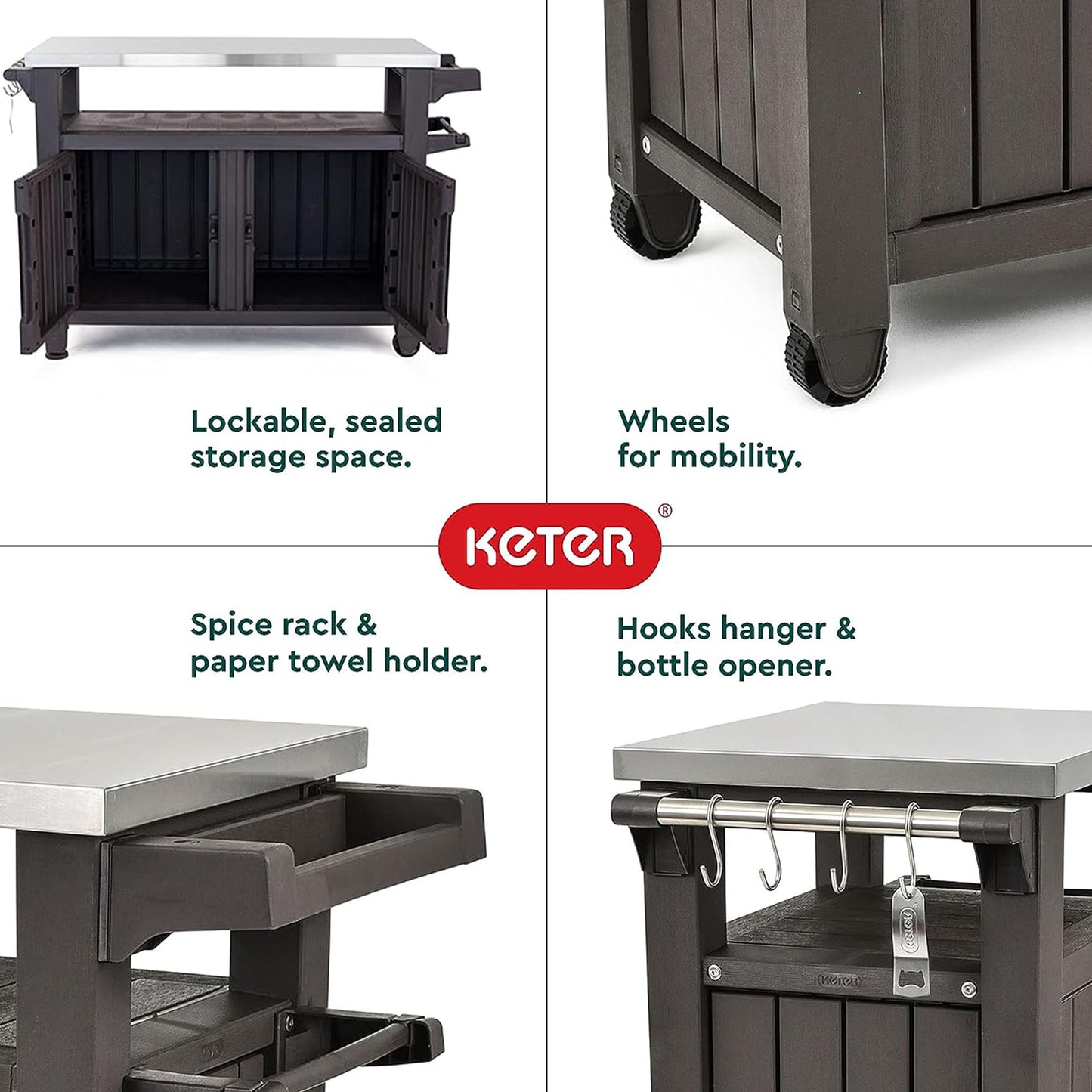 Keter Unity 40 Gallon Stainless Steel Top Patio Storage Grilling Bar Cart and Unity XL Outdoor Kitchen Rolling Bar Cart with Storage Cabinet, Brown