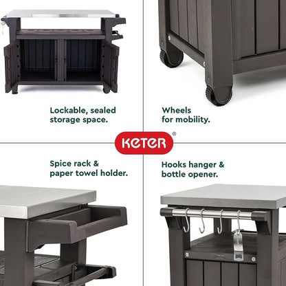 Keter Unity 40 Gallon Stainless Steel Top Patio Storage Grilling Bar Cart and Unity XL Outdoor Kitchen Rolling Bar Cart with Storage Cabinet, Brown