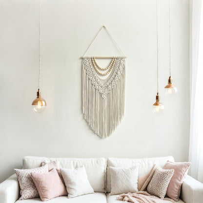 guzhiou Macrame Wall Hanging Boho Geometric Woven Tapestry Cotton Handmade Bohemian Art Decor with Wood Bead Wall Decor for Bedroom Living Room Apartment Nursery 31.5" L x 17" W (Wood bead-B)