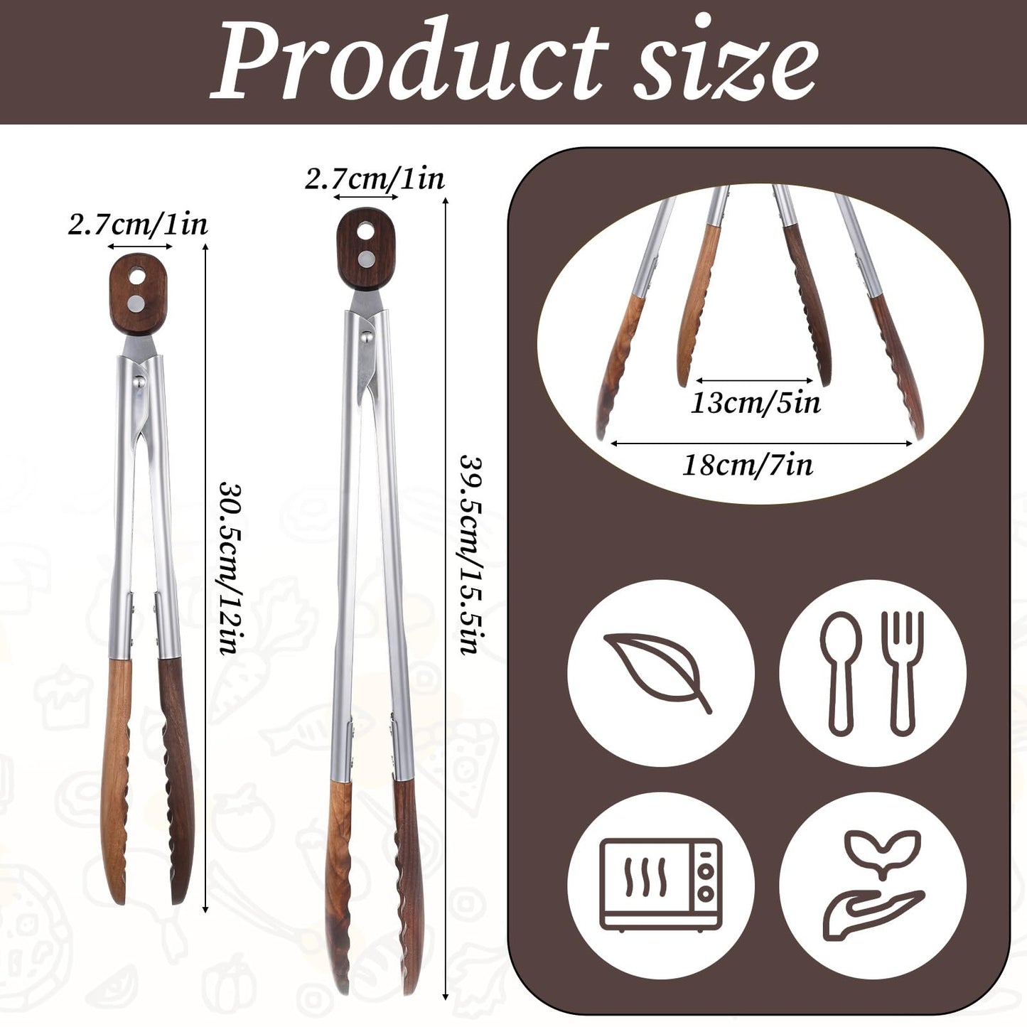 Oqqlin 2 Pcs Wooden Tongs for Cooking, 9 & 10 Inch Durable Salad Tongs with Walnut Wood Tip Multifunctional Stainless Steel Handle Kitchen Tong for Serving Food, Bread, BBQ, Tossing Salad - Lock Dsign