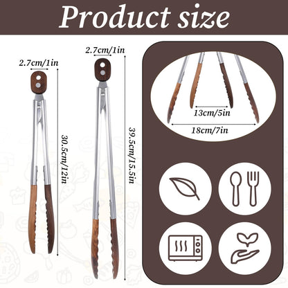 Oqqlin 2 Pcs Wooden Tongs for Cooking, 9 & 10 Inch Durable Salad Tongs with Walnut Wood Tip Multifunctional Stainless Steel Handle Kitchen Tong for Serving Food, Bread, BBQ, Tossing Salad - Lock Dsign