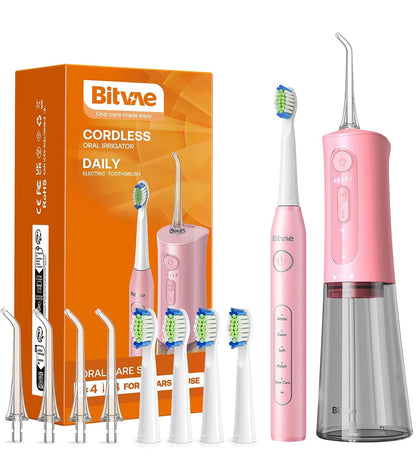 Bitvae Water Dental Flosser Teeth Picks, Cordless Water Flosser for Teeth, Braces, Dental Care and Rechargeable Rotary Electric Toothbrush Combo Set, 4 Tips, 4 Brush Heads, Waterproof, Black, C5+R1