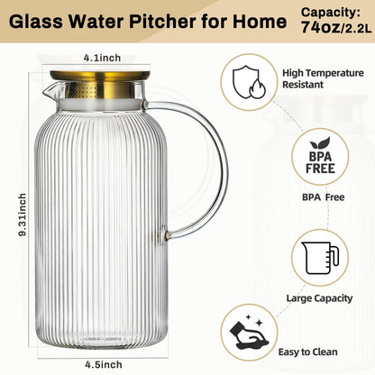Buaic 2 PACK Glass Pitcher with Lid, 68oz/ 2 Liter Classic Vertical Stripes Water Pitcher with Handle,Glass Water Carafe for Cold Brew, Coffee, Lemonade, Iced Sun Tea,Beverage,Heat Resistant