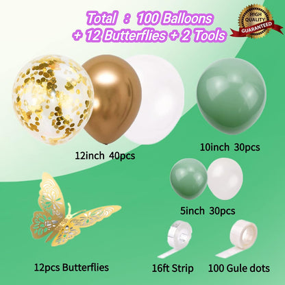 Green Balloon Garland Kit with 112pcs Sage and Olive Balloons, Gold Butterfly for Weddings and Birthdays