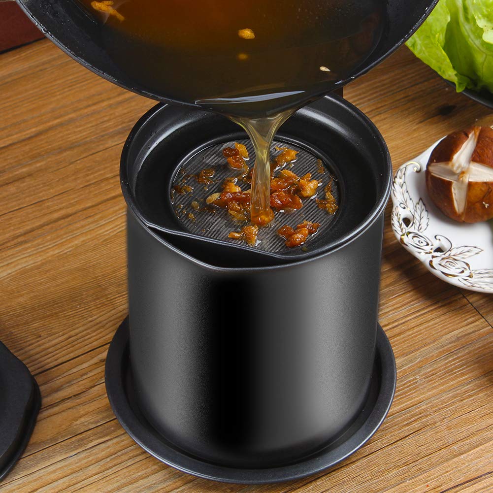 Cambom Bacon Grease Container with Fine Mesh Strainer, 1.6L almost 7 Full Cups Iron Cooking Oil Can with Removable a Coaster Tray for Kitchen Fat Storage Black