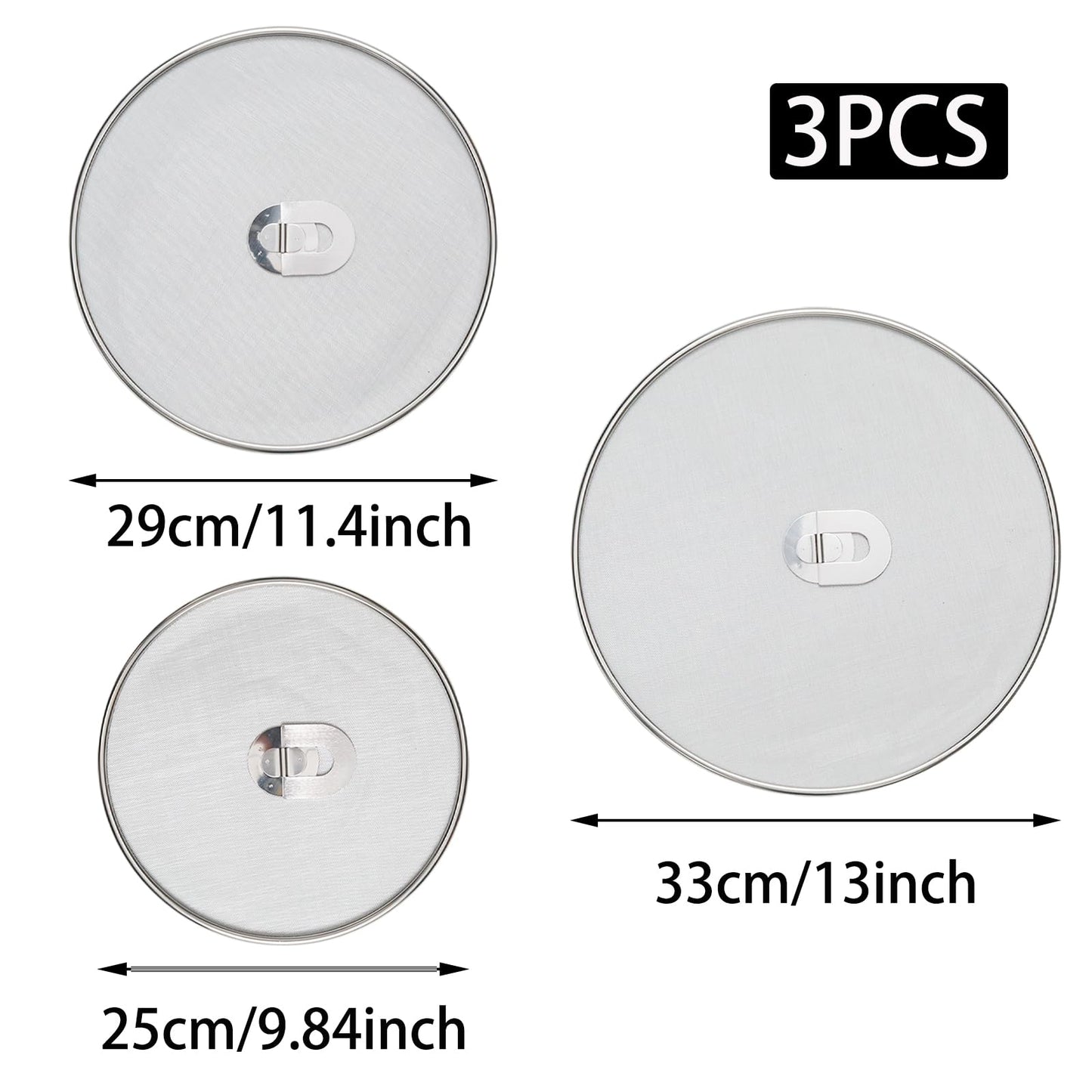 OYWOBET 3 Pack Silver Stainless Steel Splatter Screens (9.8", 11.4", 13"), Grease Splatter Guard Ultra-Fine Mesh, Foldable Knob for Cooking/Chefs/Home Cooks